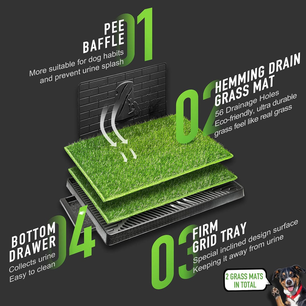 Ultimate Dog Potty Solution: Large 30"x20" Indoor/Outdoor Training Pad with 2 Artificial Grass Patches and Pee Baffle for Easy Clean-Up and Odor Control