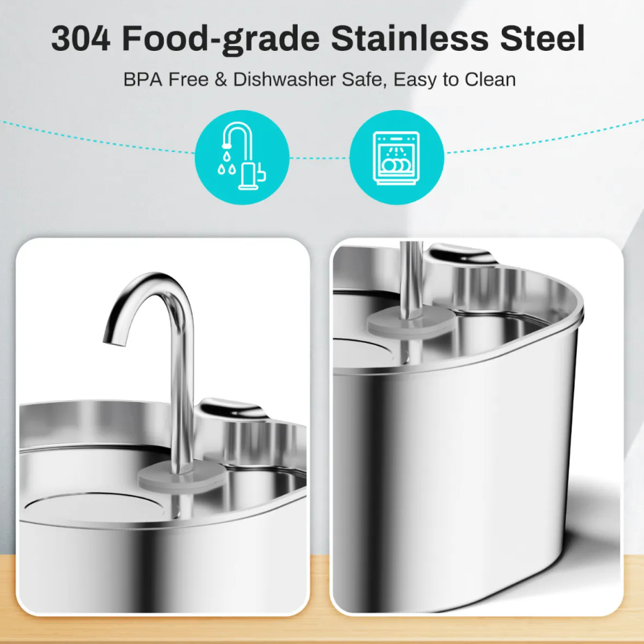 Stainless Steel Pet Water Fountain, 2.2L + 2-Month Filter