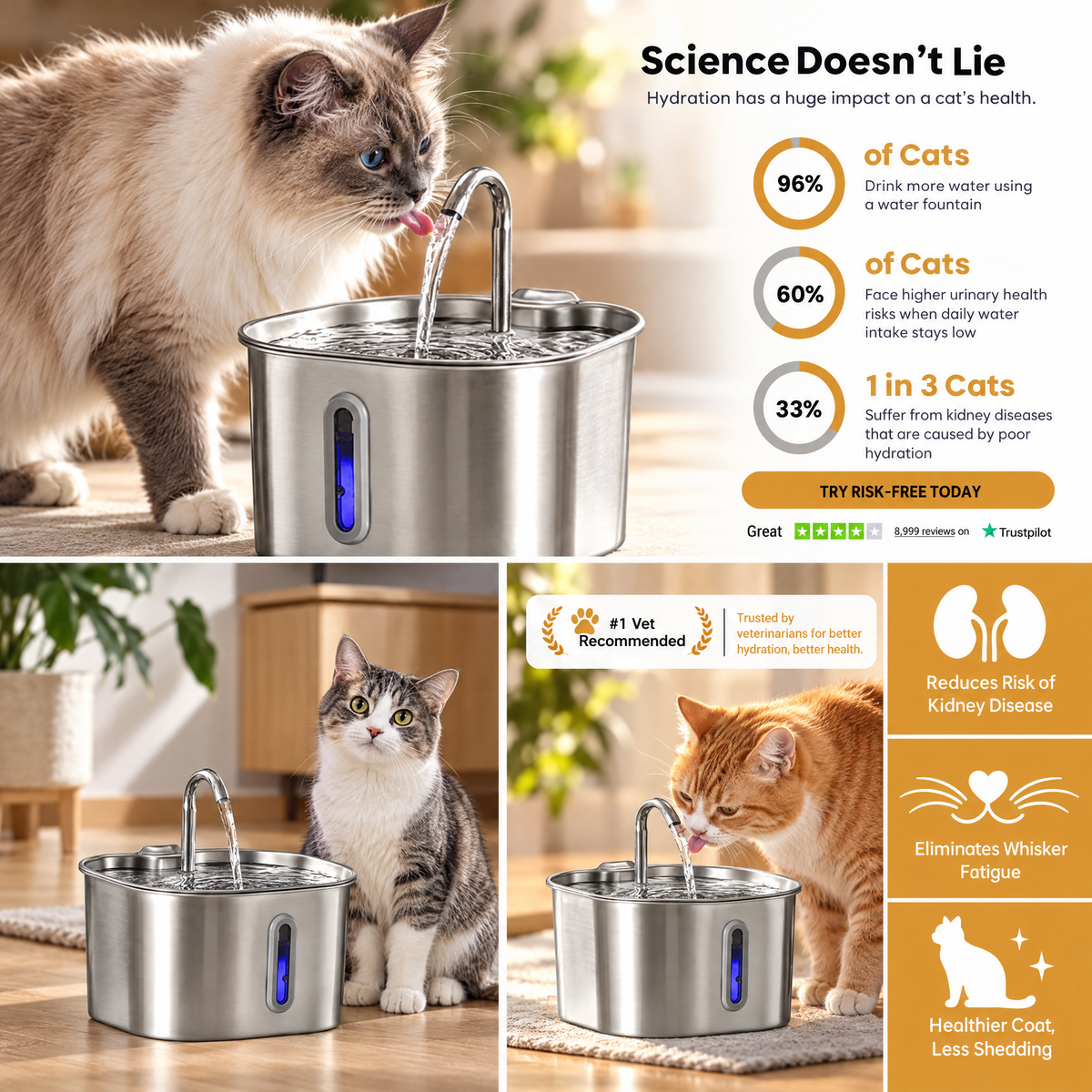 Stainless Steel Pet Water Fountain, 2.2L + 2-Month Filter